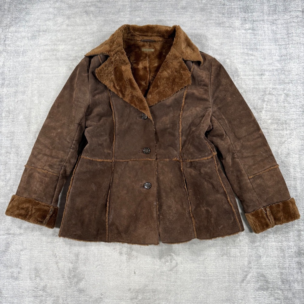 Guess Jacket Womens Large Brown Faux Fur Suede Leather Penny Lane Afghan Y2K